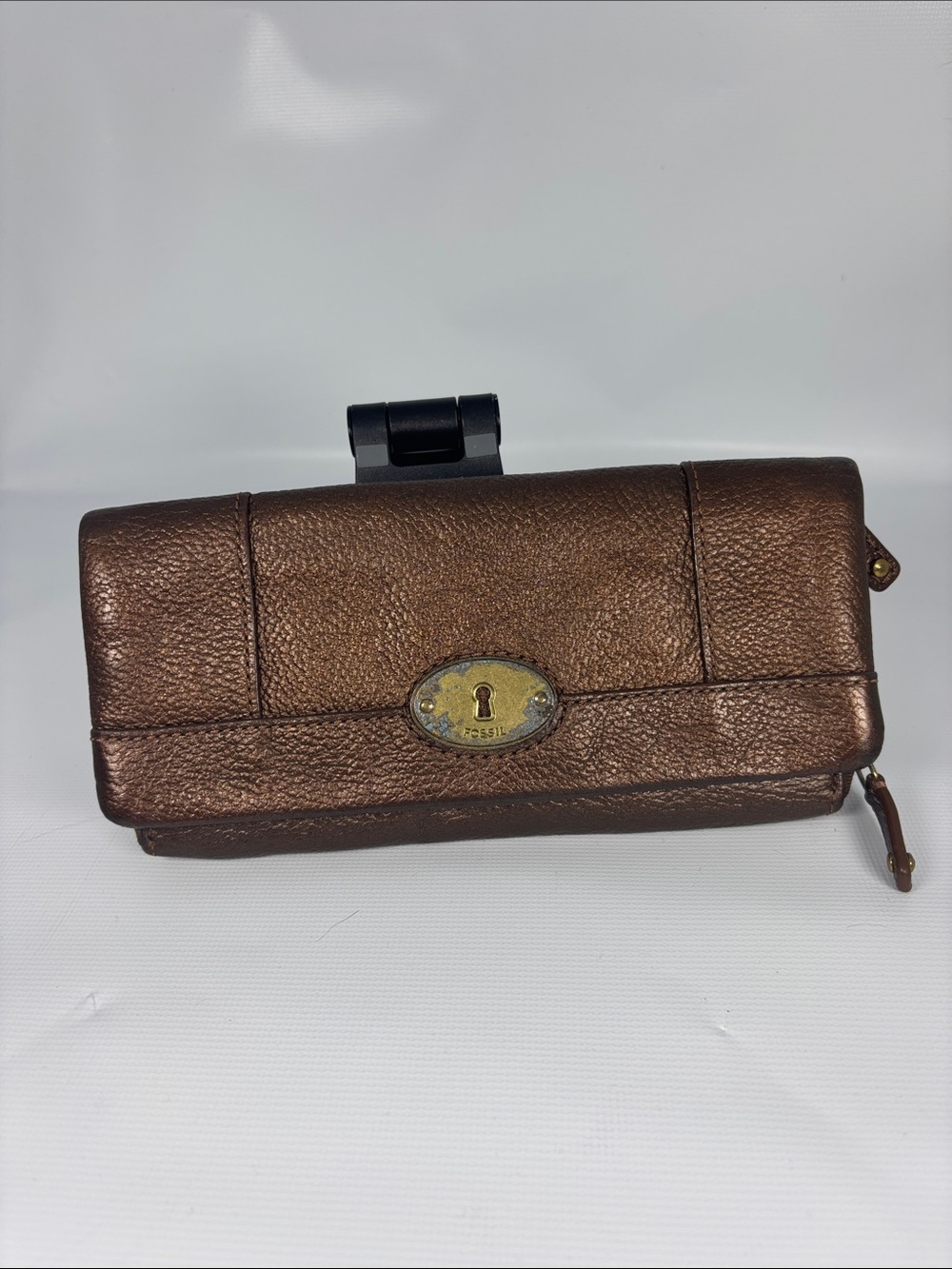 Fossil Bronze/Brown Leather Clutch Wallet with Brass-tone Lock
